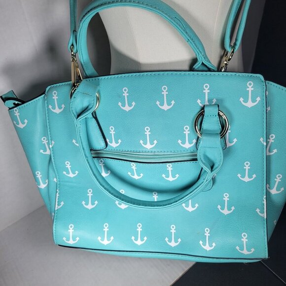 Turquoise Anchor Nautical Faux Leather Adjustable Crossbody Shoulder Handbag - Picture 7 of 11